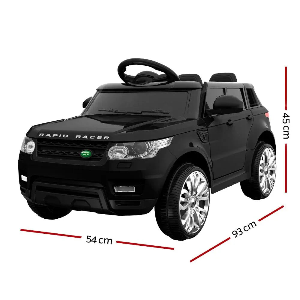 Front side view of black electric ride-on car showing twin motors and detailed headlights.