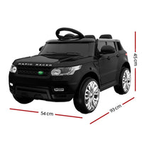 Front side view of black electric ride-on car showing twin motors and detailed headlights.
