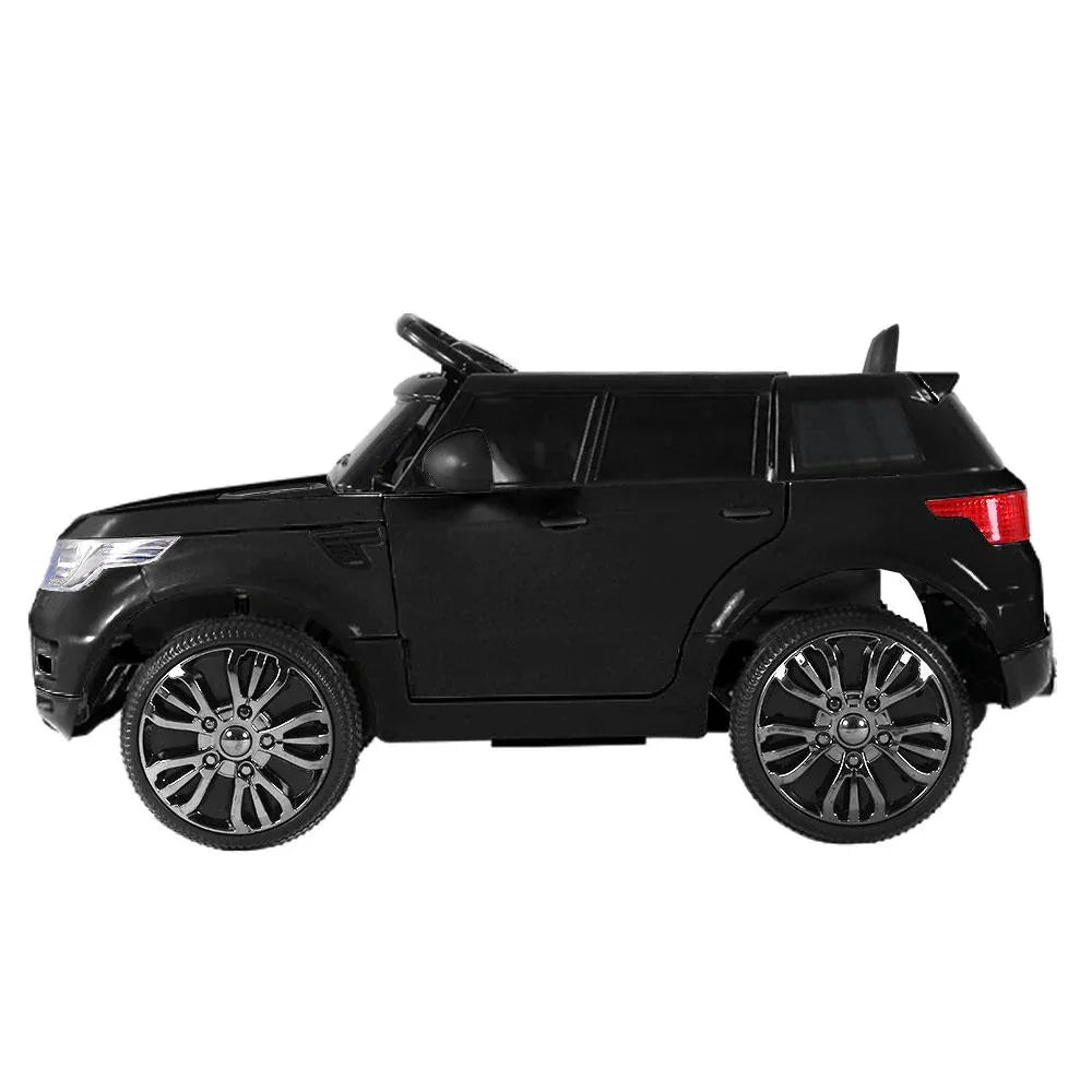 Black ride-on car with clear tires and detailed grill from the side on white background.