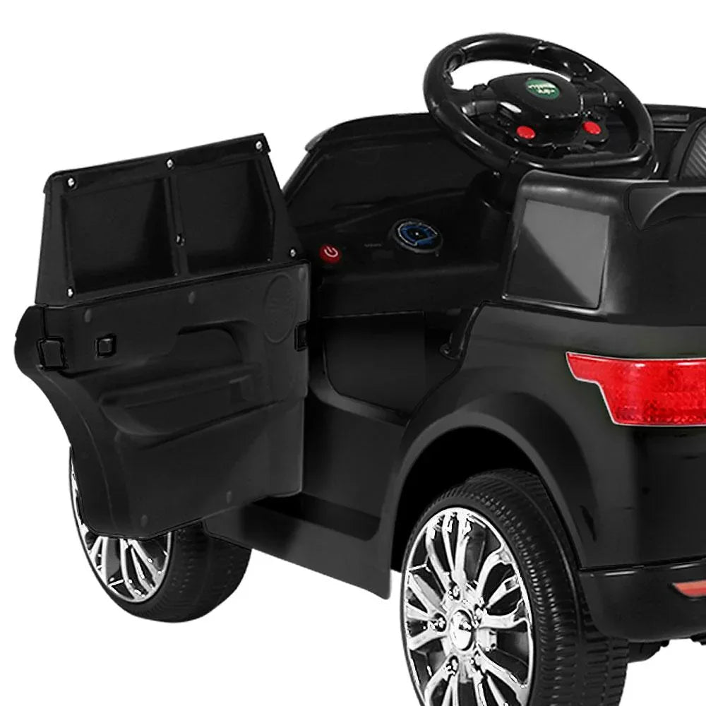 Side profile of sleek black ride-on car designed for children with textured seats.