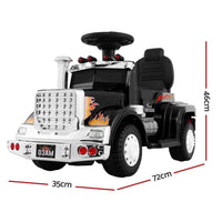 Side view of black children’s ride-on electric truck with realistic design and wheel details.