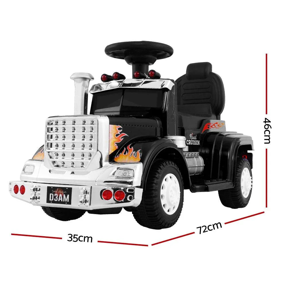 Side view of black children’s ride-on electric truck with realistic design and wheel details.