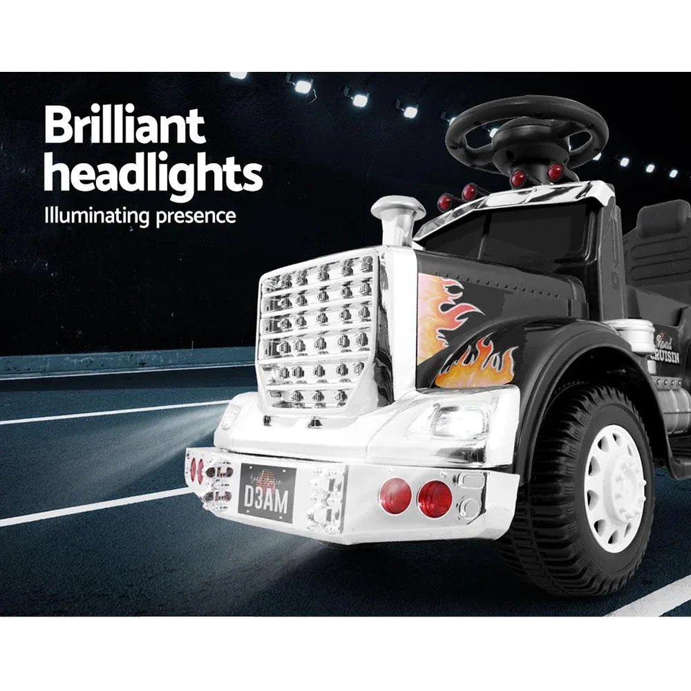 Black children’s electric ride-on truck angled to highlight front grill and hood.