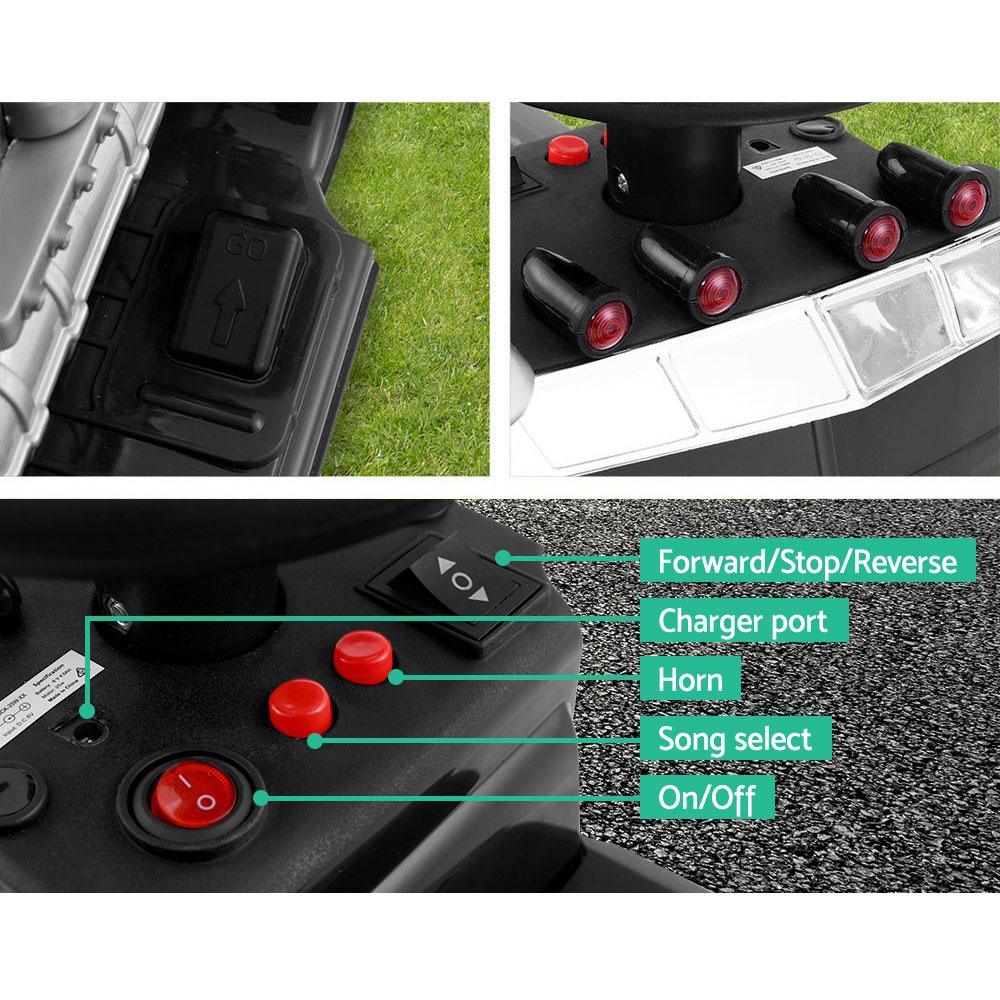 Black electric ride-on truck for children angled to show tire treads and side details.