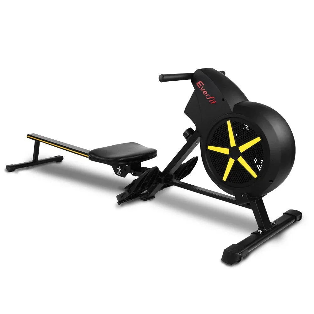 Side view of Everfit Rowing Exercise Machine showing steel glide rail and molded seat.