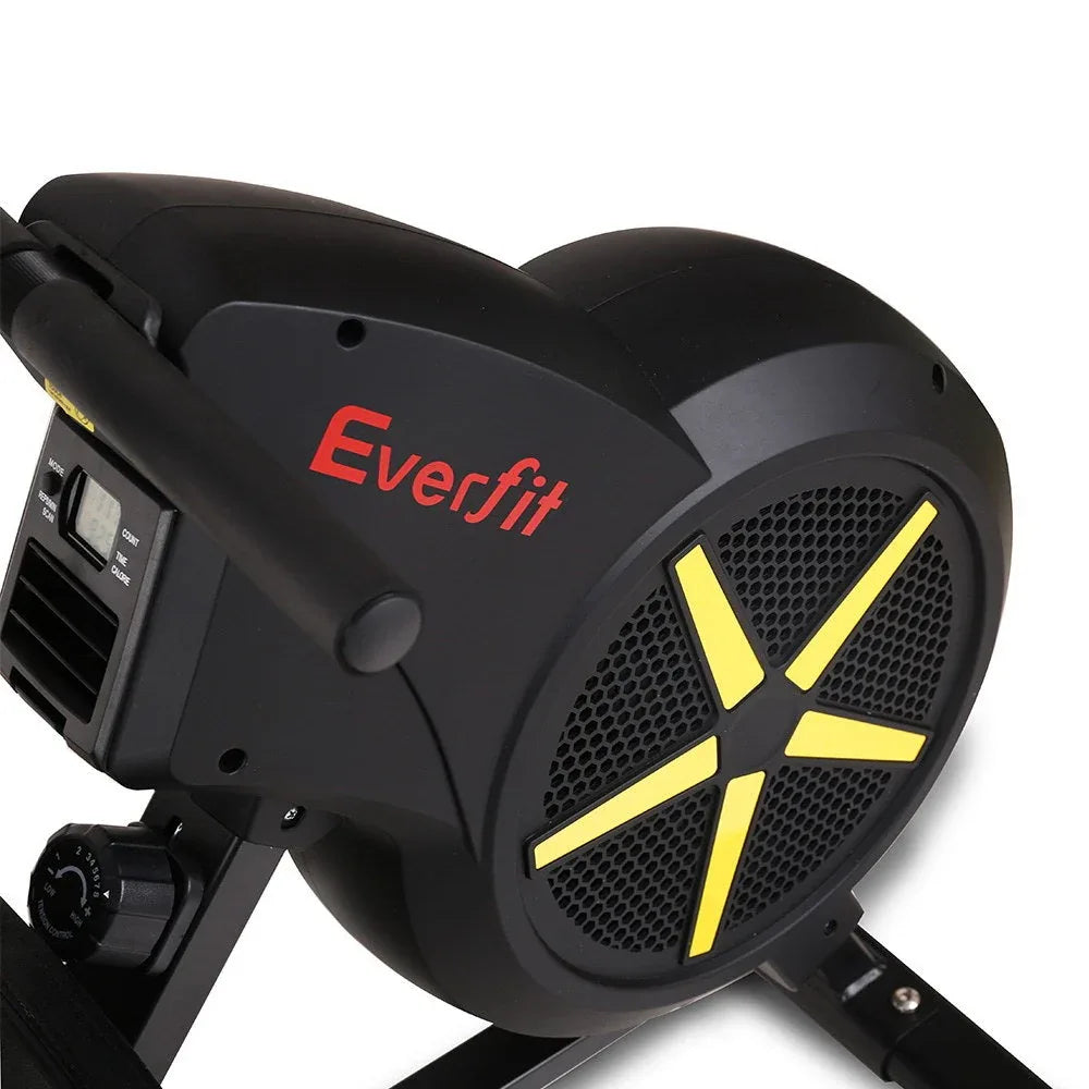 Adjustable footrests and rowing handle on Everfit Rowing Exercise Machine.