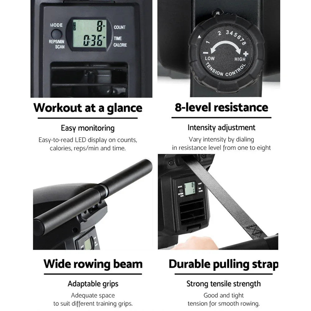 Detail of air resistance system and wheel glide rail of Everfit Rowing Machine.
