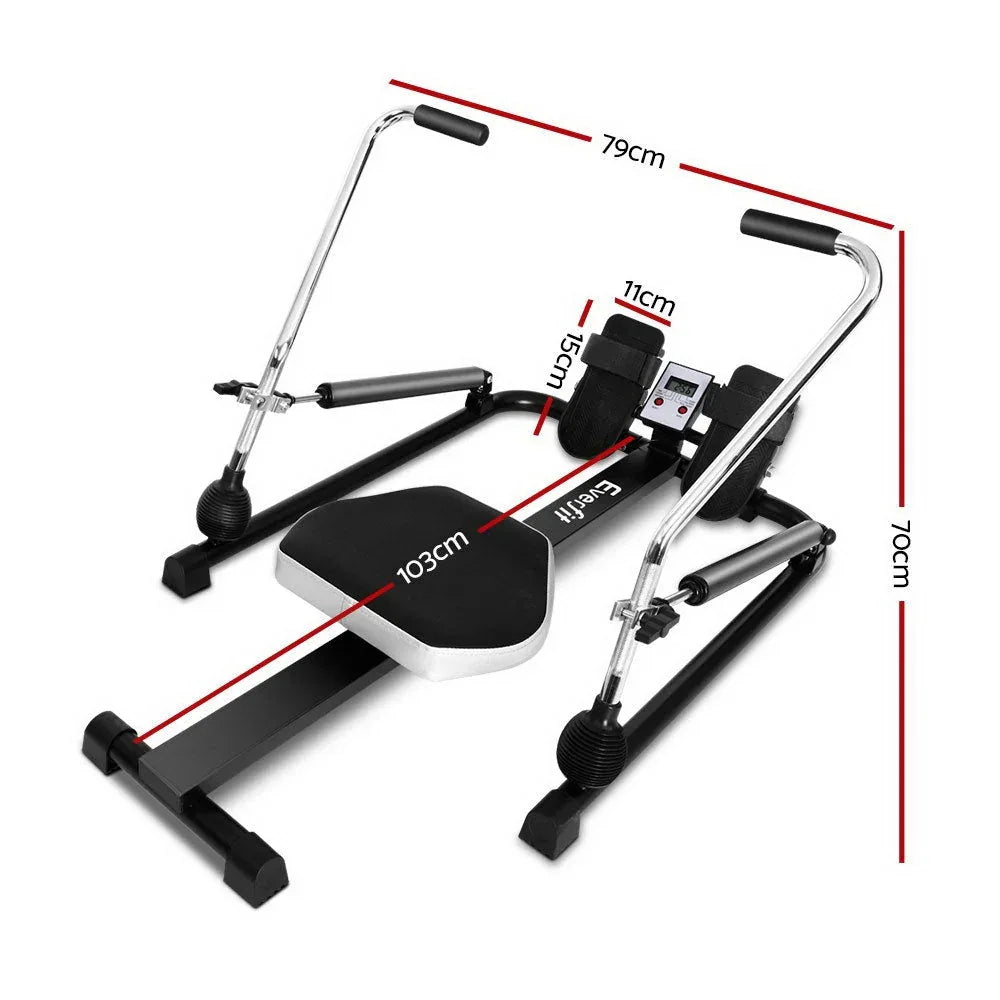Close-up of Everfit Rowing Machine's large LCD display and adjustable footrest for comfortable workouts.