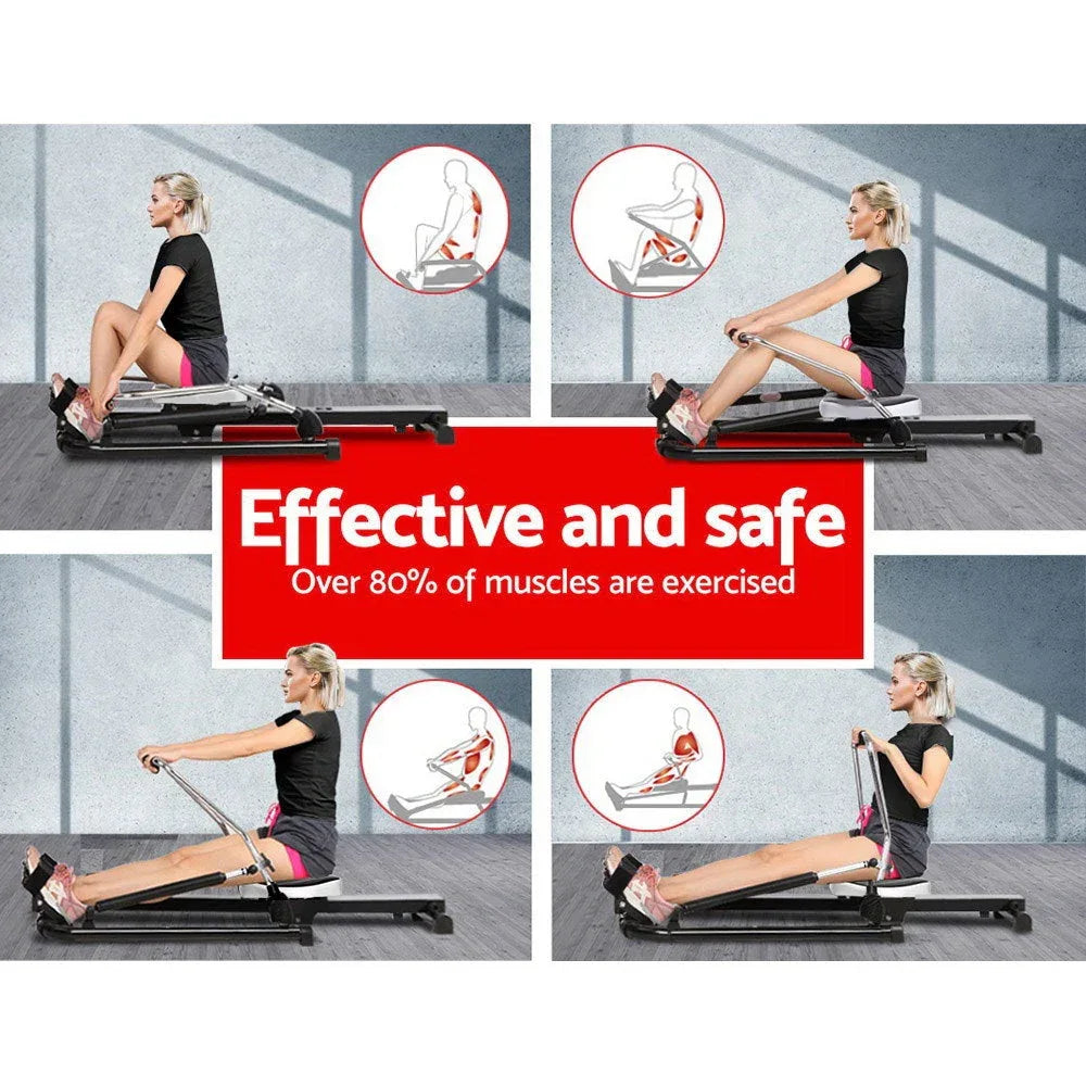 Rear view of Everfit Rowing Machine highlighting the steel glide rail and oil cylinder resistance system.
