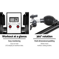 Top angle of Everfit Rowing Exercise Machine showing black molded seat and ergonomic handle.