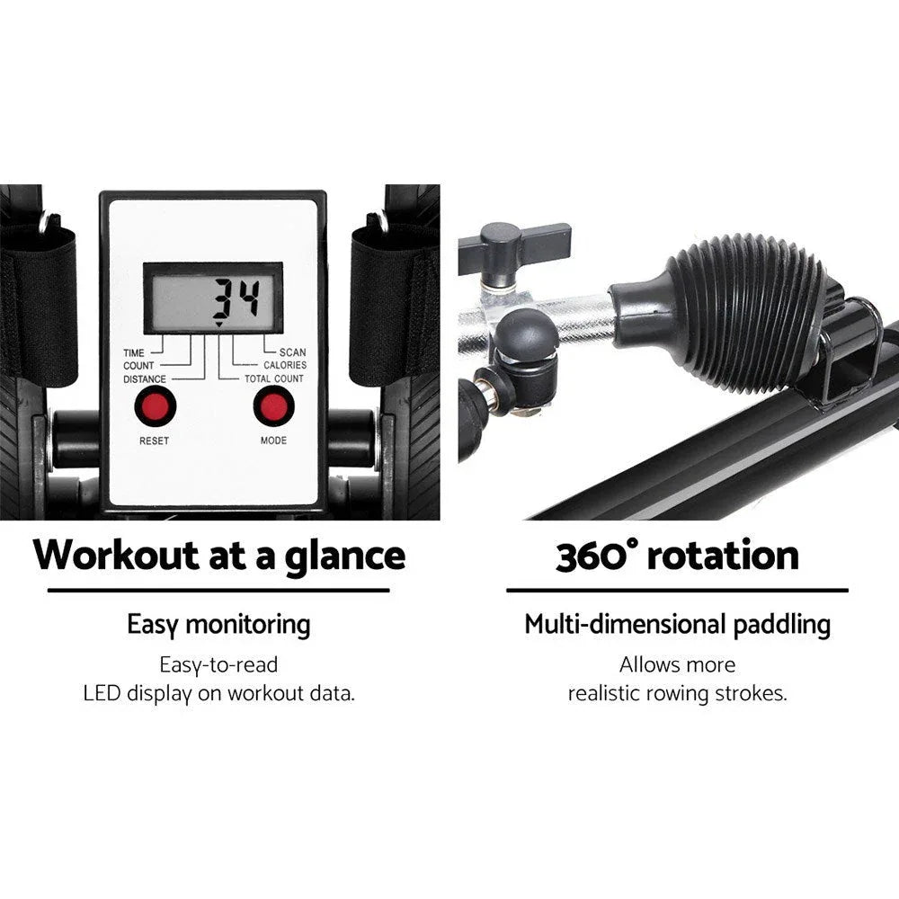 Top angle of Everfit Rowing Exercise Machine showing black molded seat and ergonomic handle.