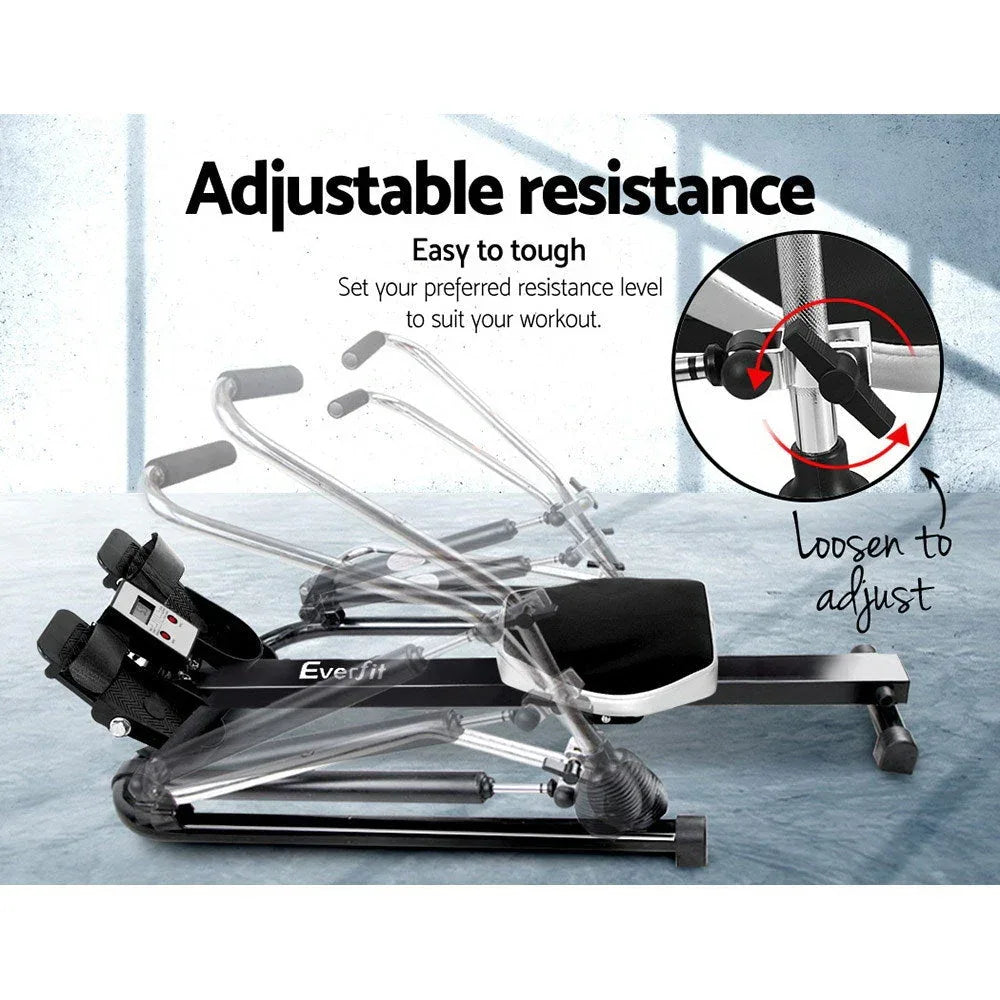 Close-up of hydraulic resistance oil cylinder system integrated into Everfit Rowing Machine.