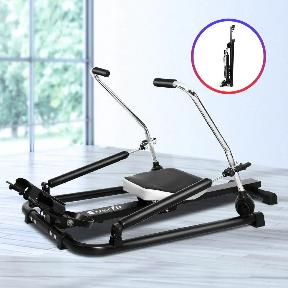 Angled overview of Everfit Rowing Exercise Machine, focusing on durable steel construction and design.
