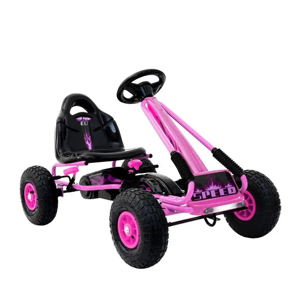 Rigo Kids Pedal Go Kart in red with adjustable seat and rubber tyres on a white background.