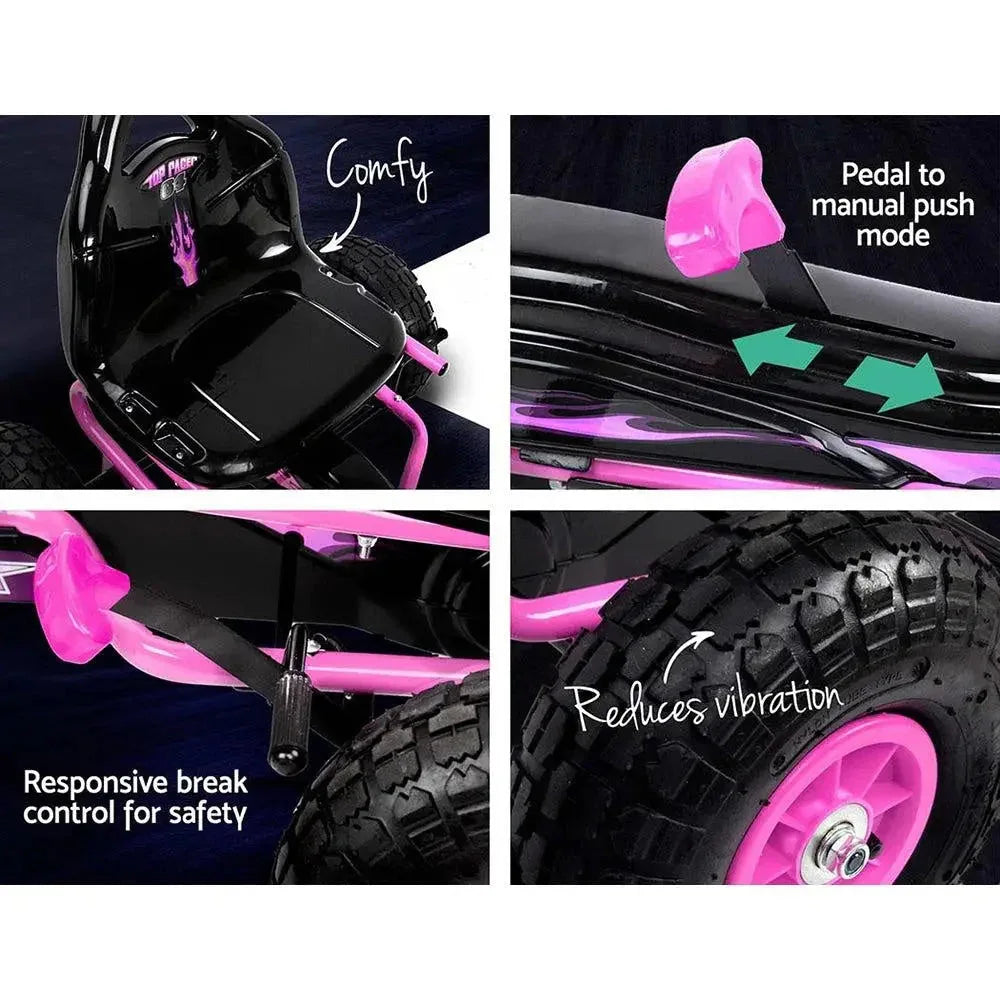 Red pedal go kart highlighting shock absorption tyres and braking system.