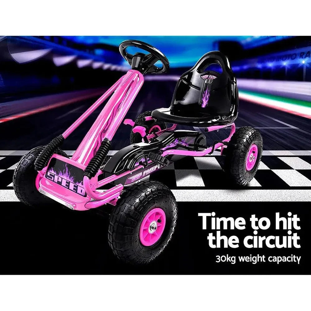 Kids pedal go kart angled to show full rubber tyres and solid frame design.