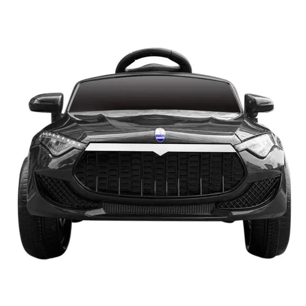 Side angle of black electric ride-on car showcasing detailed body design and wheels.