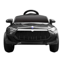 Side angle of black electric ride-on car showcasing detailed body design and wheels.