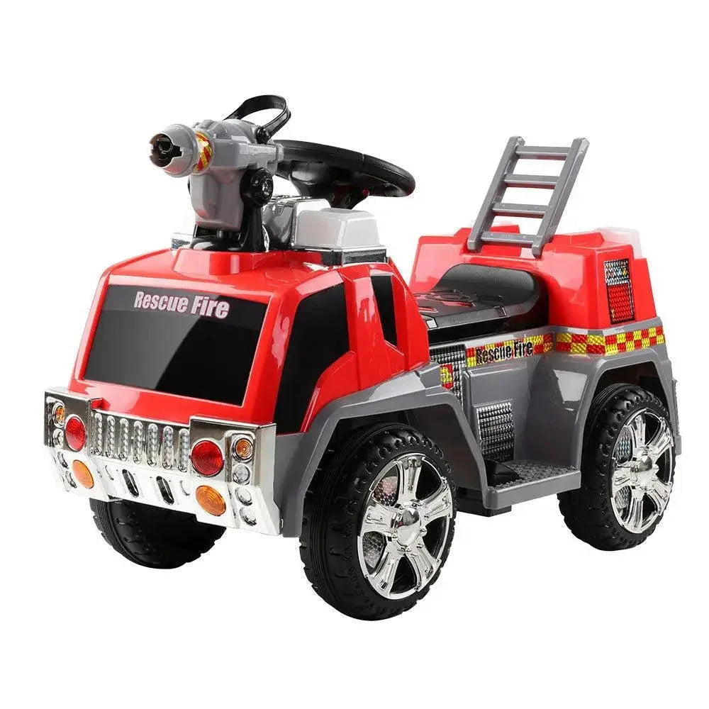 Red and grey kids ride-on fire truck motorbike parked on white background, showing side view.