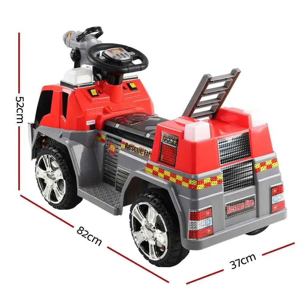 Front angled view of red and grey ride-on fire truck motorbike toy for kids on white background.