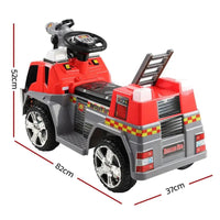 Front angled view of red and grey ride-on fire truck motorbike toy for kids on white background.