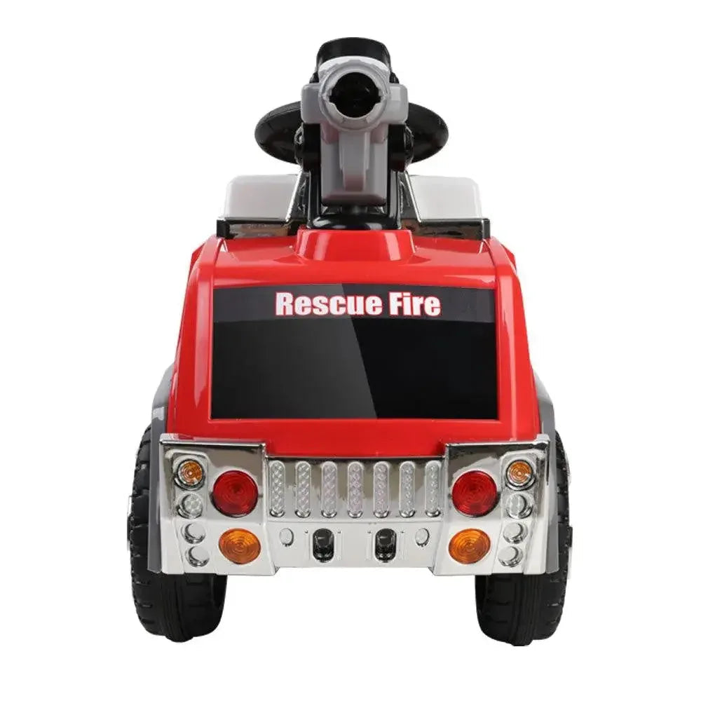 Close-up of handlebar and dashboard area of red and grey kids ride-on fire truck motorcycle.