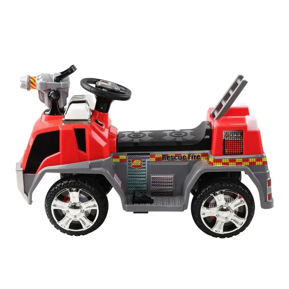 Rear side profile of kids red and grey ride-on fire truck motorbike toy on white background.