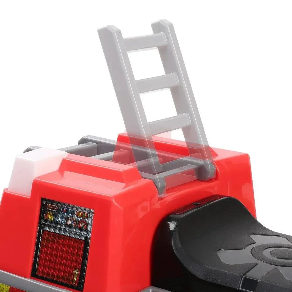 Red and grey ride-on fire truck motorbike for kids, clear side and front detail on white.
