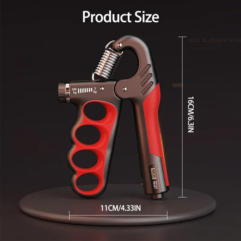 Close-up of hand grip strengthener showing textured, non-slip ergonomic handles and durable spring.