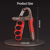 Close-up of hand grip strengthener showing textured, non-slip ergonomic handles and durable spring.