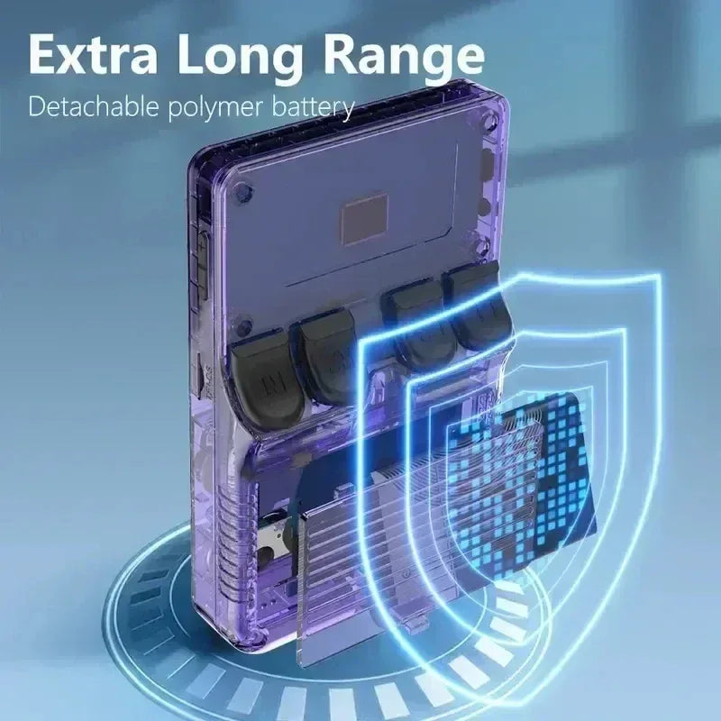 Close-up of R36S console power button and side charging port with Type-C cable