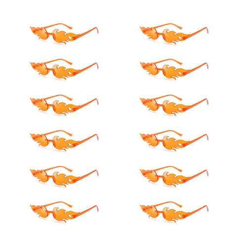 A collection of twelve colorful flame-shaped sunglasses with gradient lenses, arranged on a white surface.