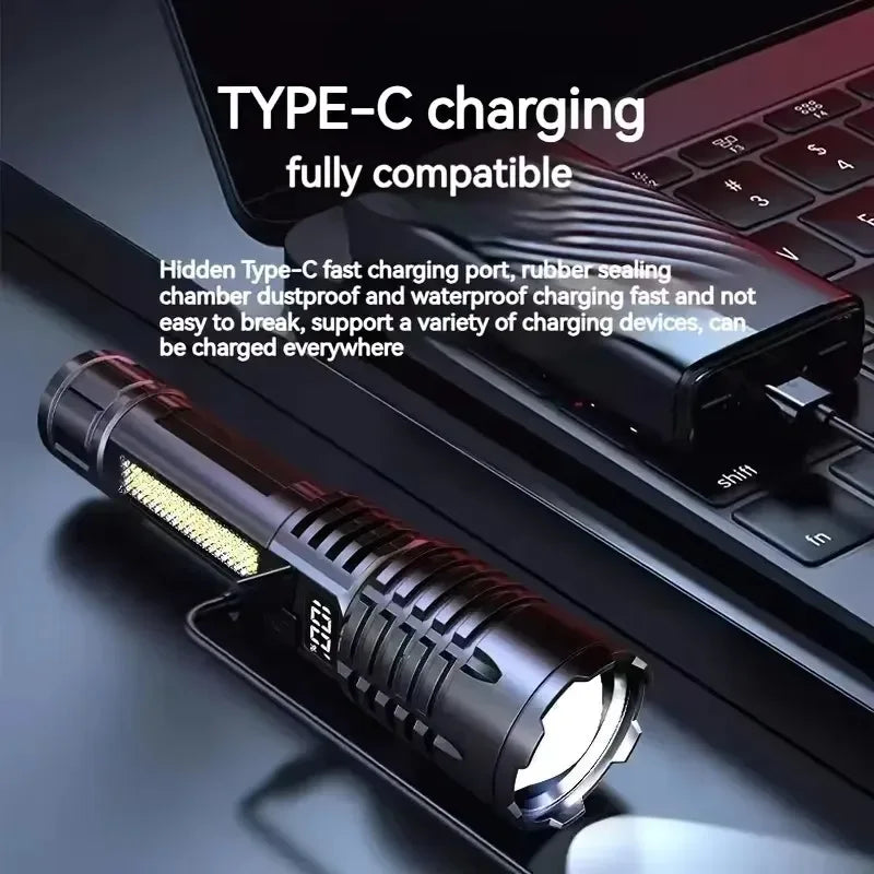 Close-up of flashlight handle showing anti-slip pattern and ergonomic design.