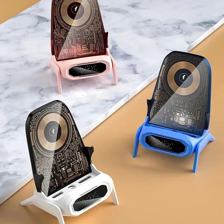 Mini chair-shaped wireless fast charger in maroon color on a white background.