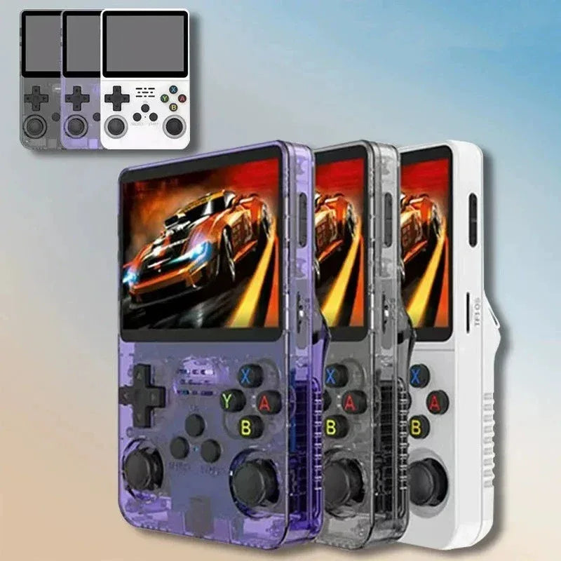 EW Green R36S retro handheld game console with Linux system shown from front with screen on