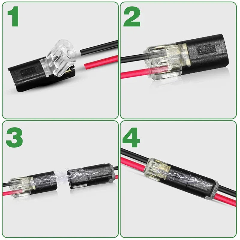 Multiple 2 pin automotive connectors arranged in a row displaying pins and plastic body.