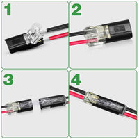 Multiple 2 pin automotive connectors arranged in a row displaying pins and plastic body.