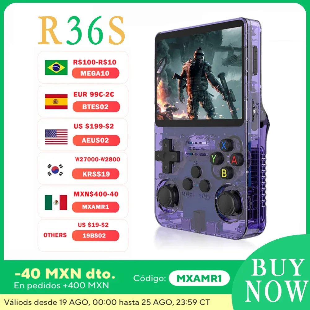 R36S Retro Handheld Video Game Console front view showing screen and control buttons
