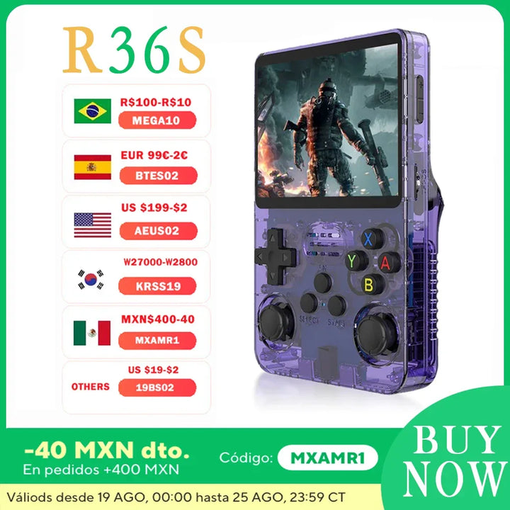 R36S Retro Handheld Video Game Console front view showing screen and control buttons