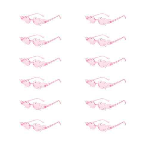 Set of twelve colorful flame-shaped sunglasses with gradient lenses arranged on a white surface.