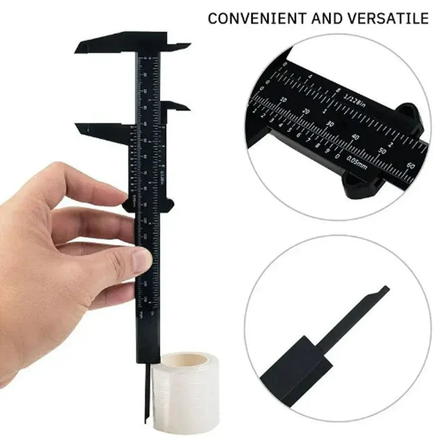 Close-up of digital display showing measurement on compact plastic vernier caliper.