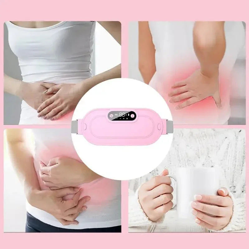 Heating pad worn around waist secured by telescopic elastic bands for comfortable fit.
