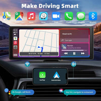 A portable 10.26-inch touchscreen car stereo mounted on a dashboard with a backup camera attached.