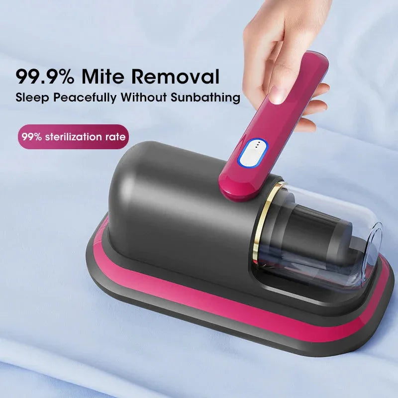 Handheld mite remover vacuum cleaner charging with included Type-C USB cable.