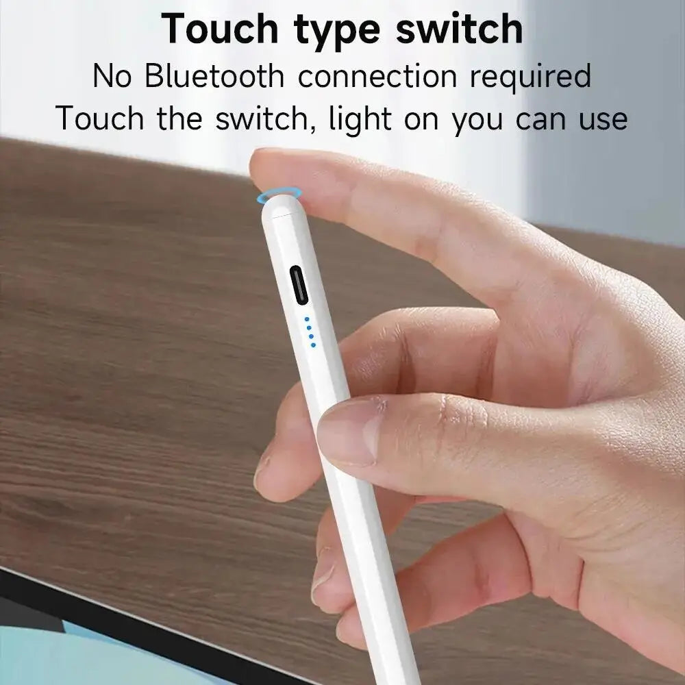 Close-up of Apple Pencil 2 stylus showcasing touch type switch with illuminated light indicator.