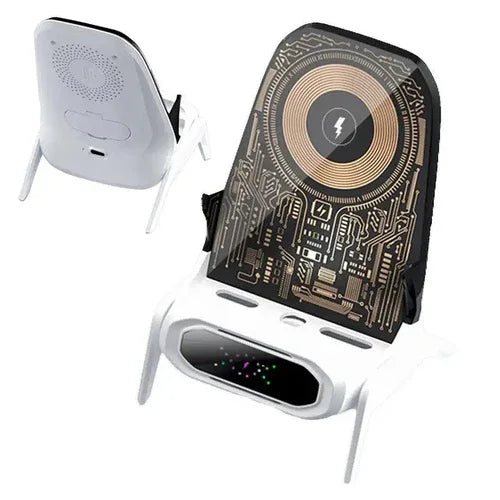 Mini chair charger beside a laptop and phone showcasing desktop organization.