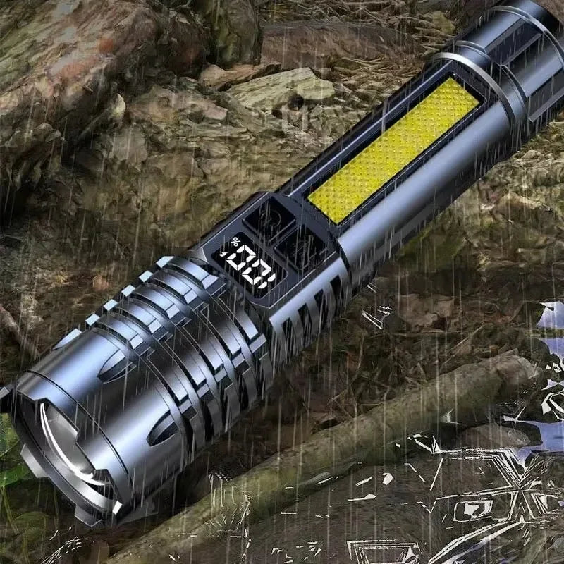 Flashlight turned on with side warning lights flashing, displayed on black background.