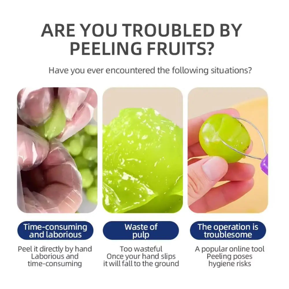 Powered grape peeler device peeling grapes placed inside on a kitchen surface.