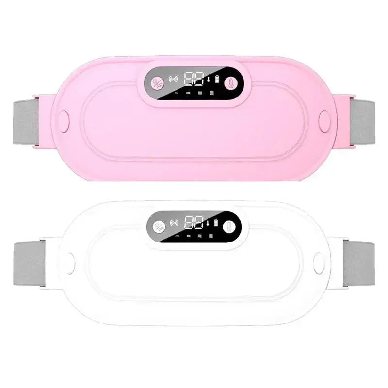 Portable heating pad with USB cable and LCD screen for adjustable temperature and vibration settings.