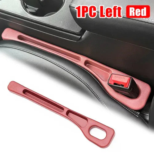 Car interior with gap sealing strips preventing debris falling between seats.
